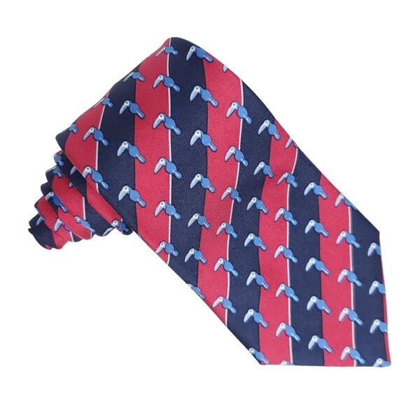 Hermes Mens Silk Tie Necktie Toucan Tropical Bird Red Navy Blue Stripe - Picture 1 of 6